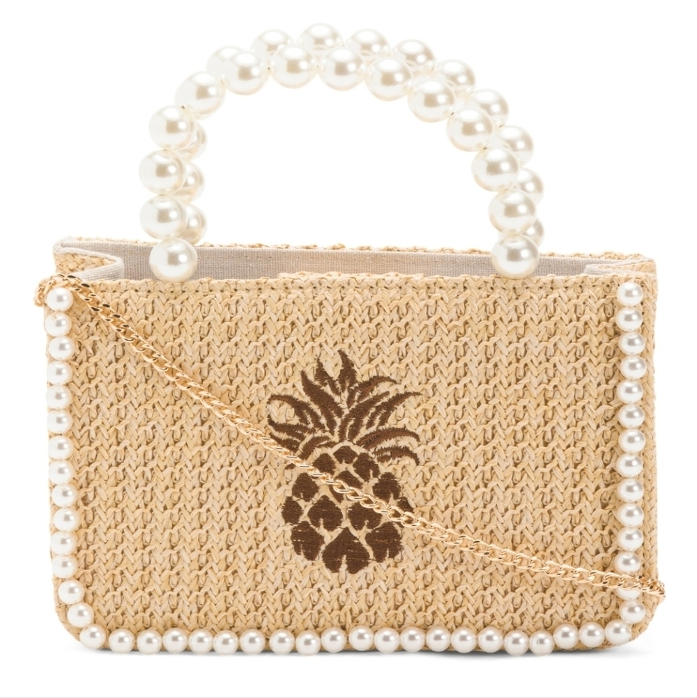 💛🔹️ Alessia Bianchi 🔹️faux Pearl Handle Straw Mini Tote  Bag